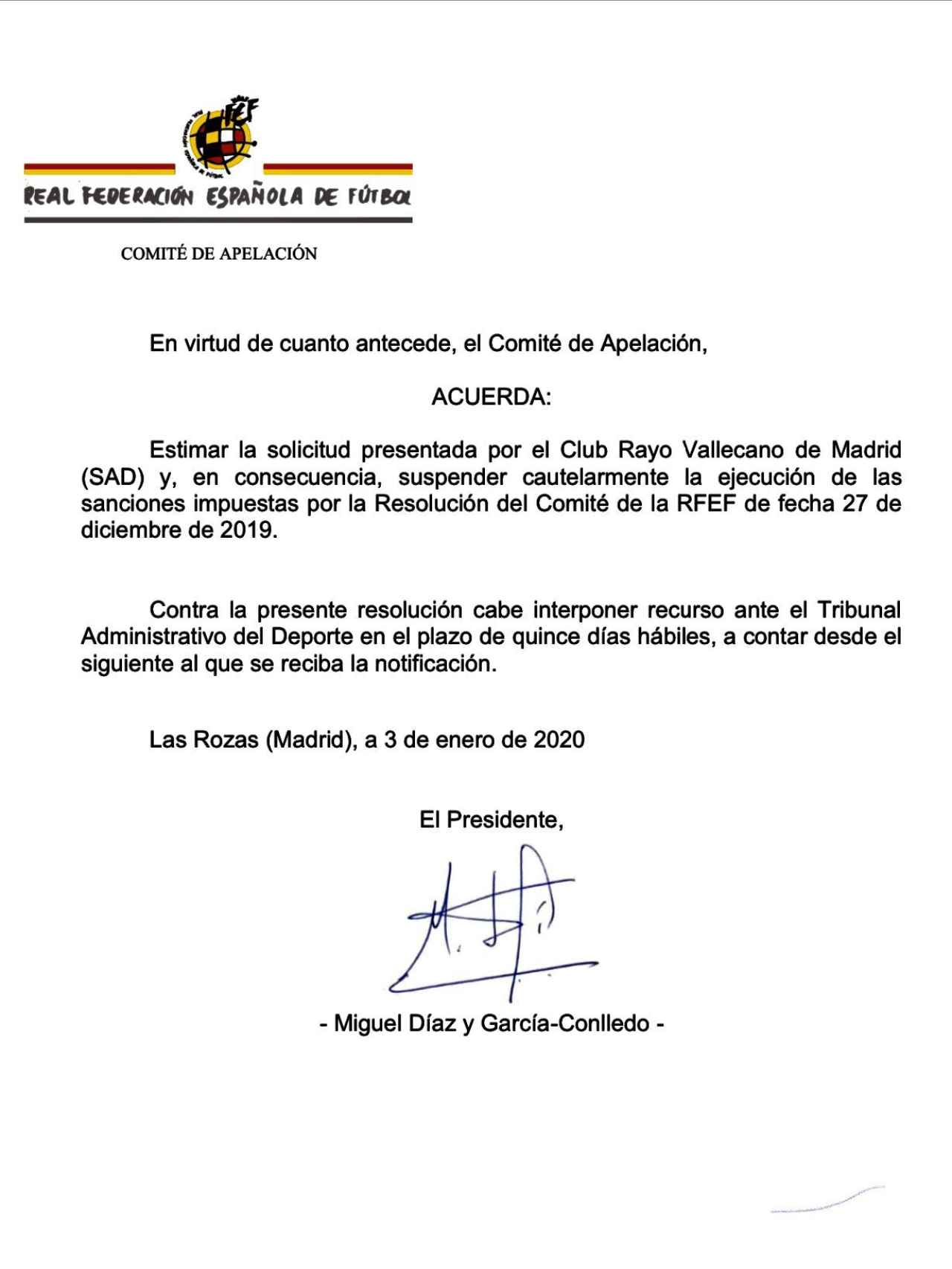 La resolución del Comité de Apelación en referencia a la sanción al Rayo Vallecano por el 'Caso Zozulya'