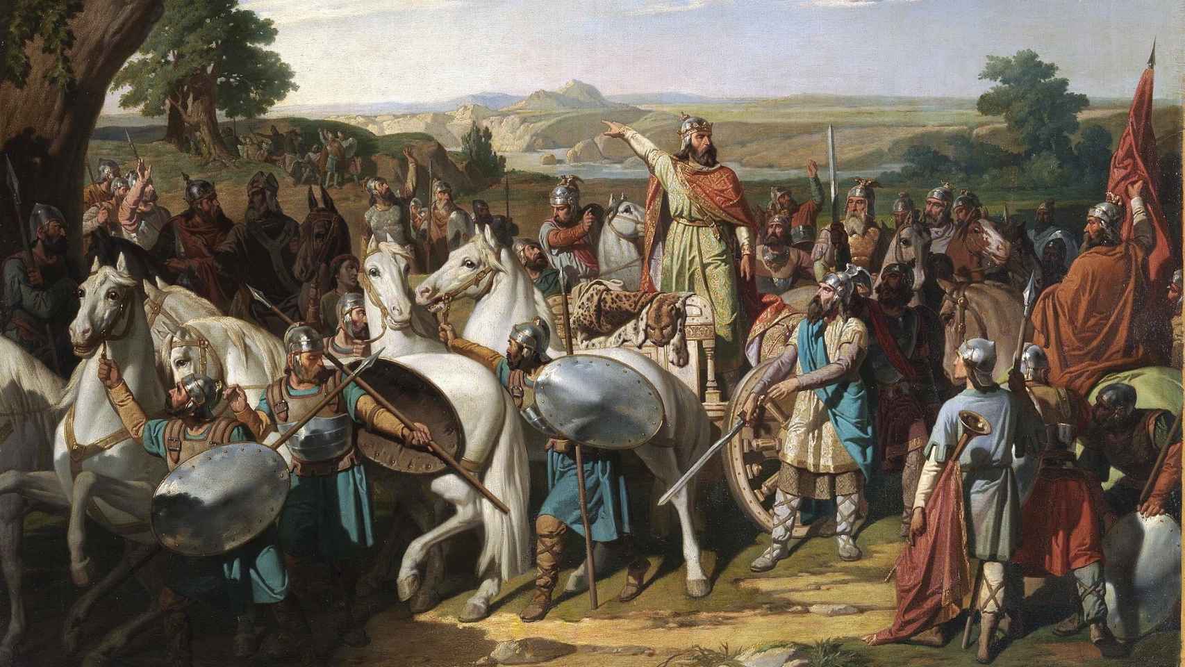 Don Rodrigo, el último rey de los visigodos, arengando a sus tropas antes de que comenzara la batalla de Guadalete (711).