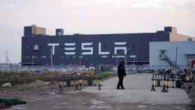A Tesla sign is seen on the Shanghai Gigafactory of the U.S. electric car maker before a delivery ceremony in Shanghai