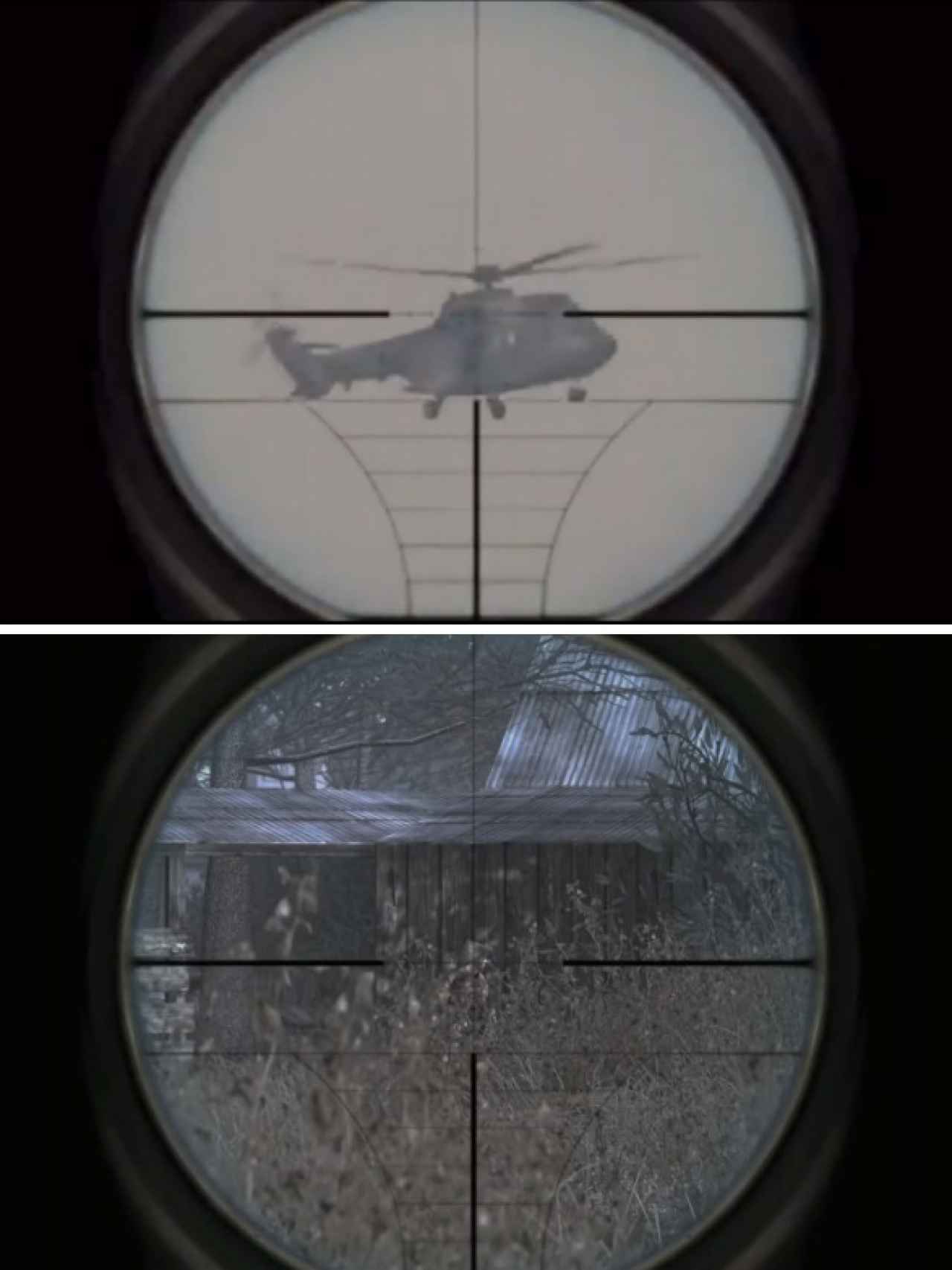 Arriba, la imagen del vídeo propagandístico; abajo, la imagen del videojuego 'Call of Duty'. Se puede observar que la composición de la mira telescópica es idéntica en ambos casos.