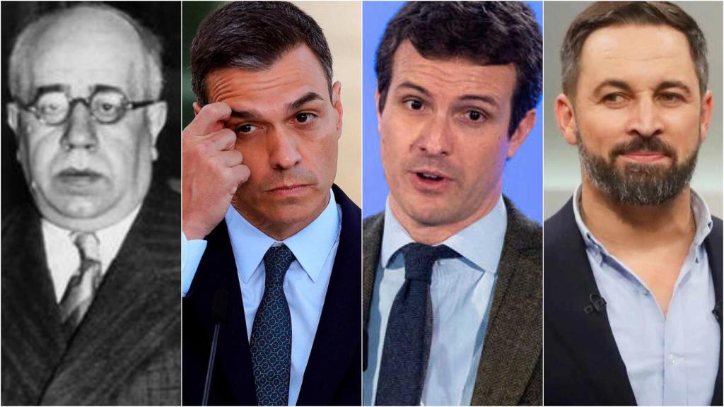 De izquierda a derecha: el presidente de la II República, Manuel Azaña, Pedro Sánchez, Pablo Casado y Santiago Abascal.