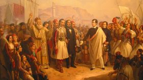 Lord Byron siendo recibido por los griegos.