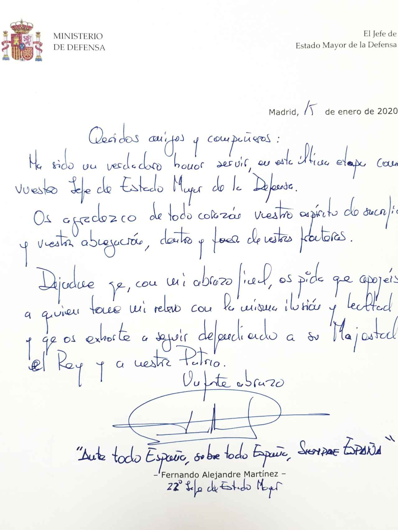La carta del anterior JEMAD, general Alejandre, dirigida a los militares españoles.