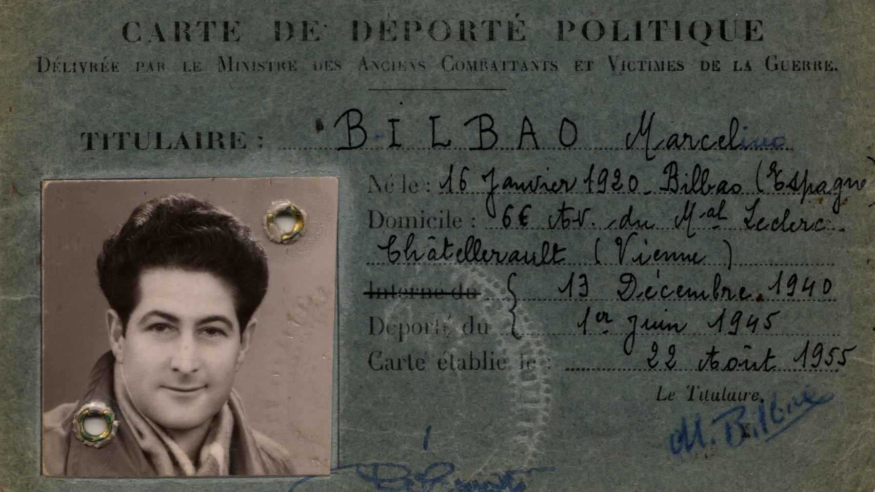Carné de deportado de Marcelino Bilbao.