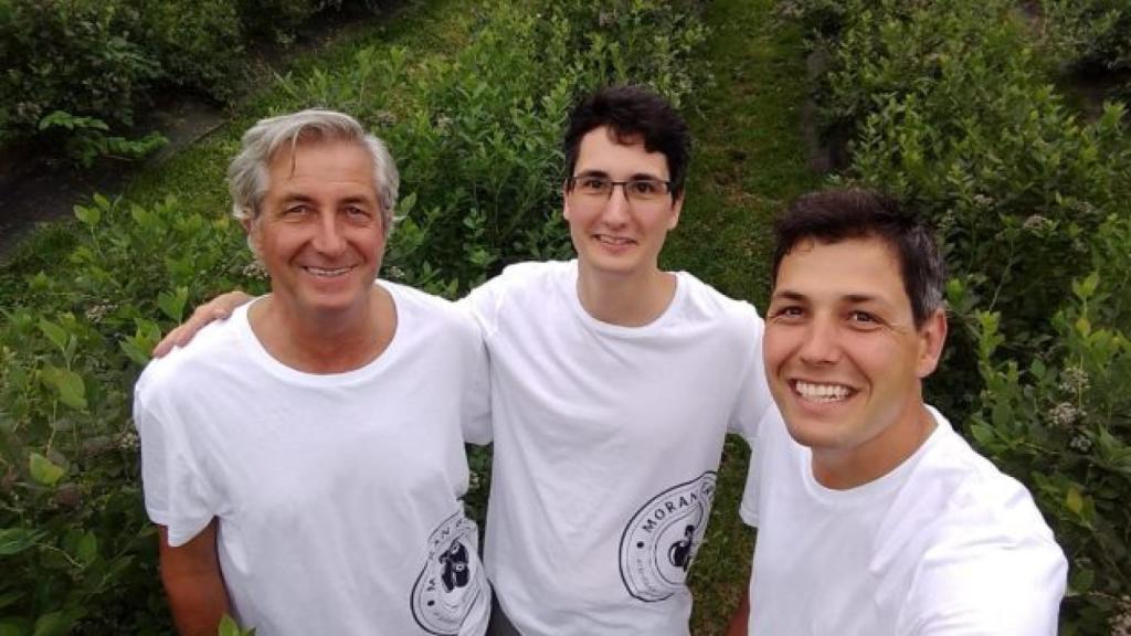 Samuel (i), junto a su padre José Luis Morán y a su hermano Rodrigo en la plantación de arándanos.