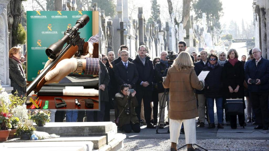 Homenaje a Gregorio Ordóñez en el cementerio de Polloe; a la izquierda, rifle intervenido al etarra.