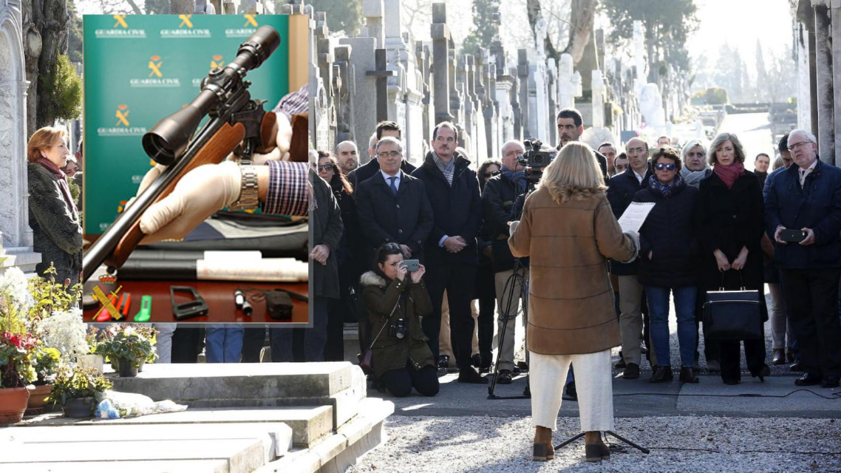 Homenaje a Gregorio Ordóñez en el cementerio de Polloe; a la izquierda, rifle intervenido al etarra.