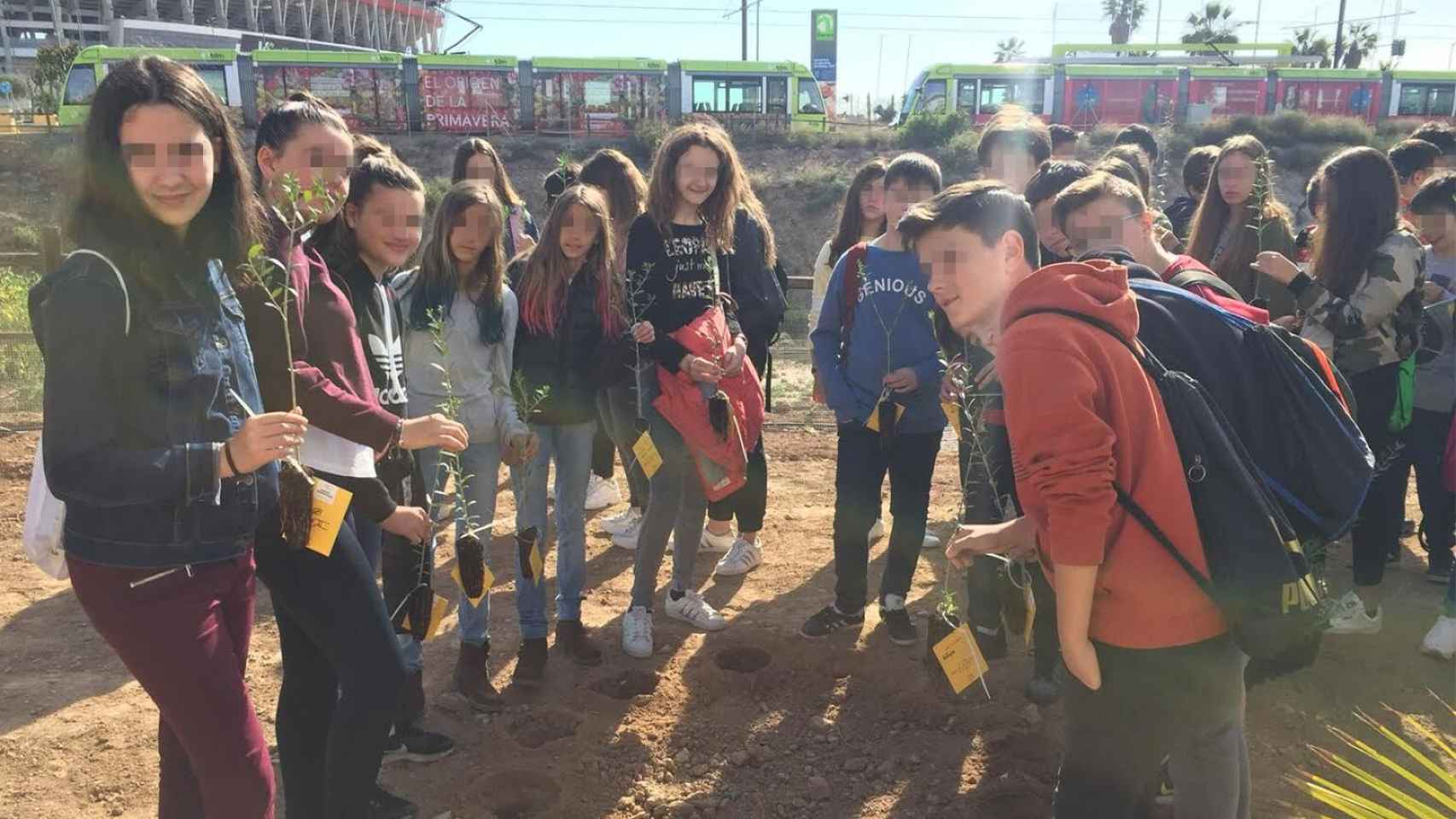 Alumnos del instituto Alfonso X de Murcia plantando árboles en el entorno del estadio La Nueva Condomina.