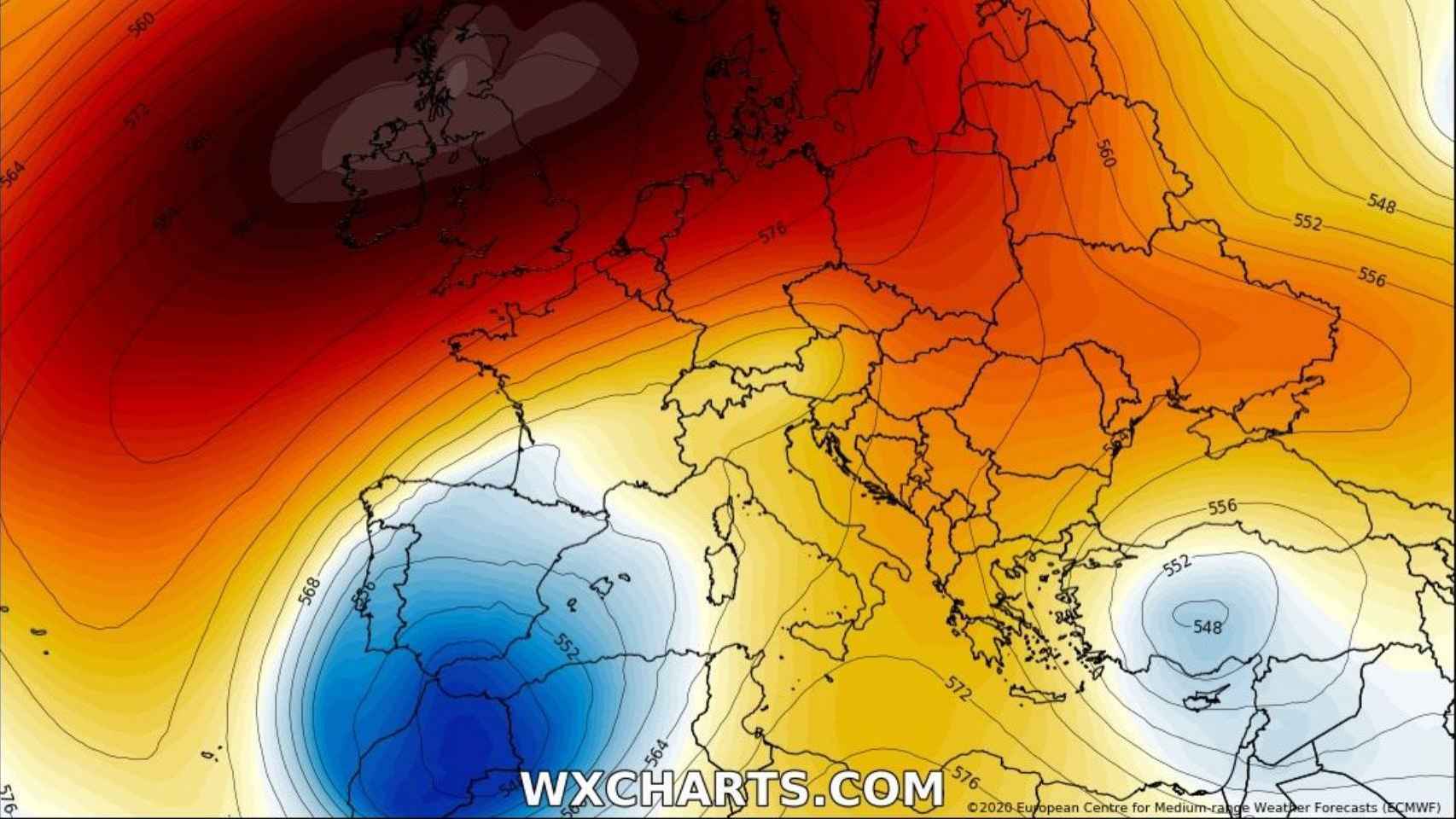 La borrasca Gloria sobre la Península y el anticiclón sobre las Islas Británicas. Severe-weather.eu