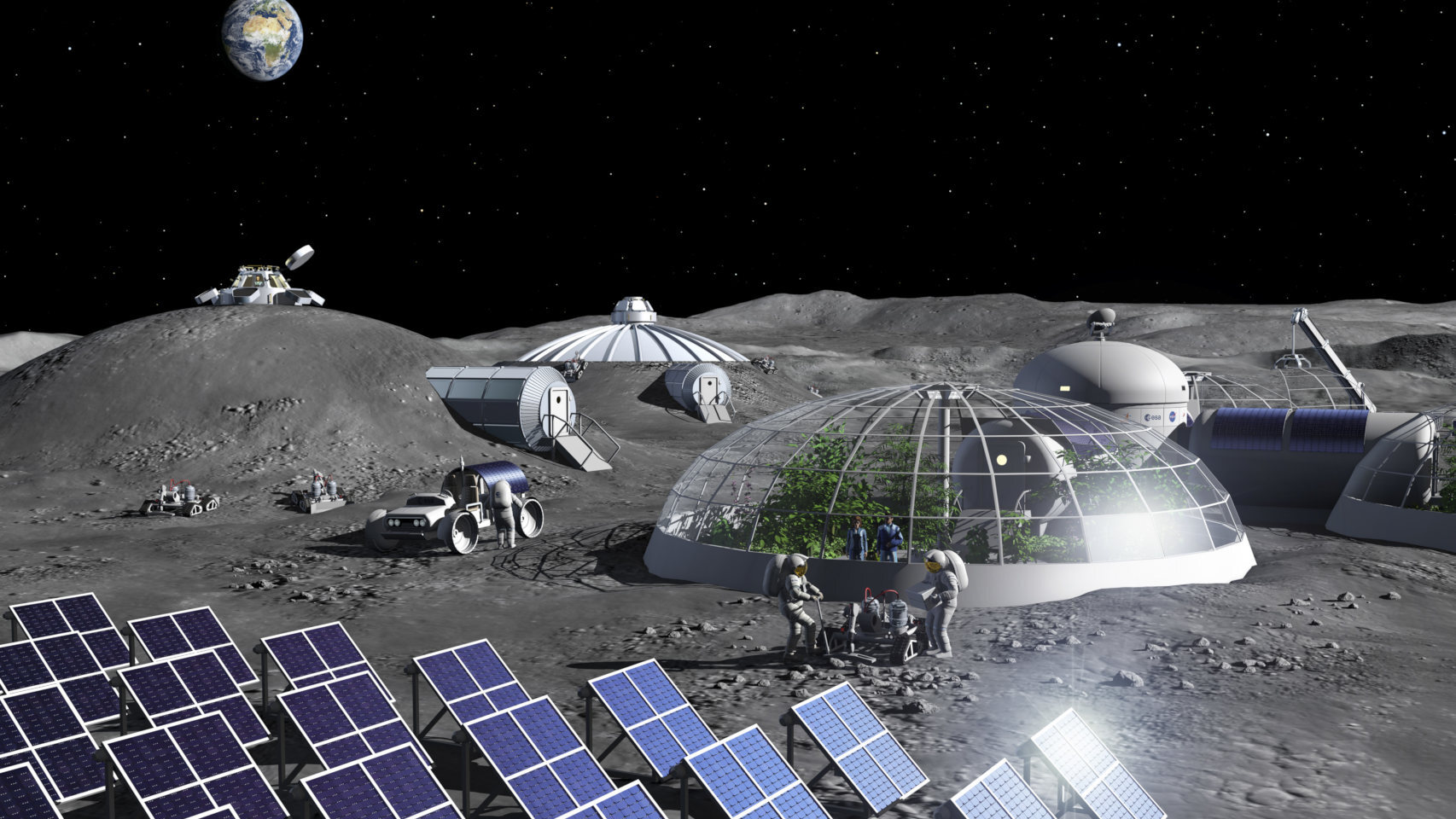 Base Lunar, con paneles solares y producción de comida