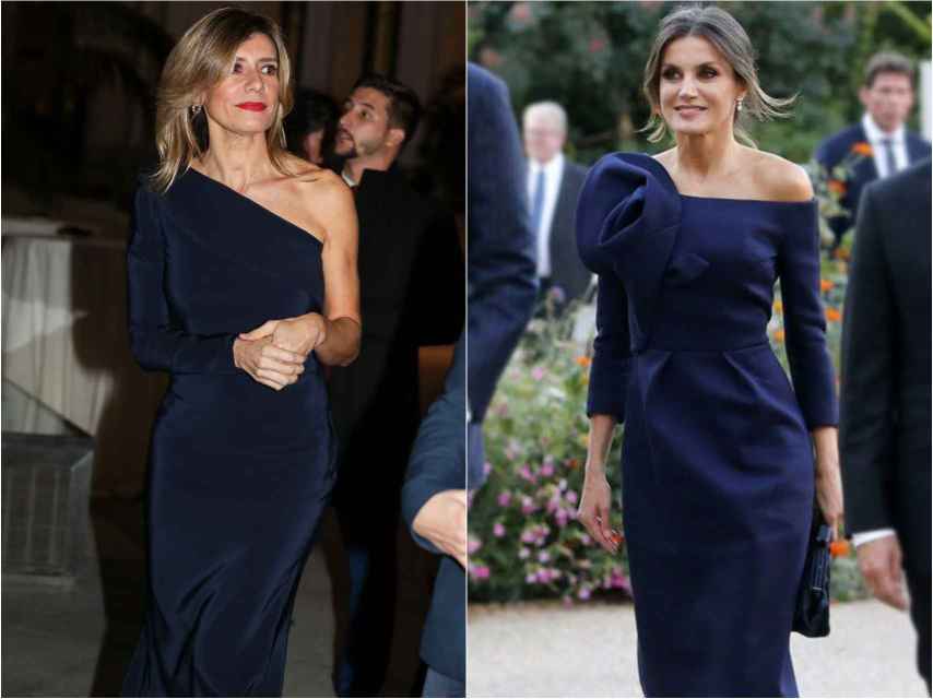 Begoña Gómez y Letizia con vestido del mismo color y silueta similar.