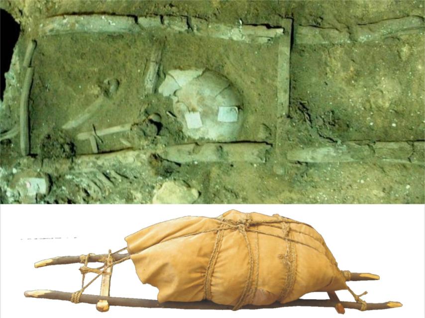Una de las dos parihuelas halladas en el yacimiento y su reconstrucción digital.