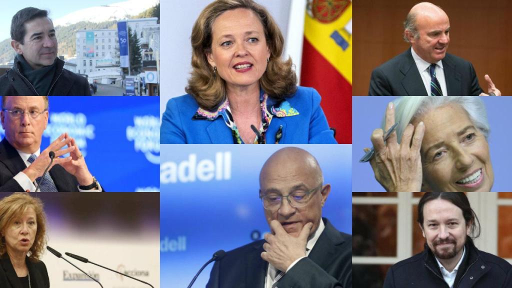 Carlos Torres, Nadia Calviño, Luis de Guindos, Larry Fink, Josep Oliú, Chrstine Lagarde, Margarita Delgado y Pablo Iglesias.