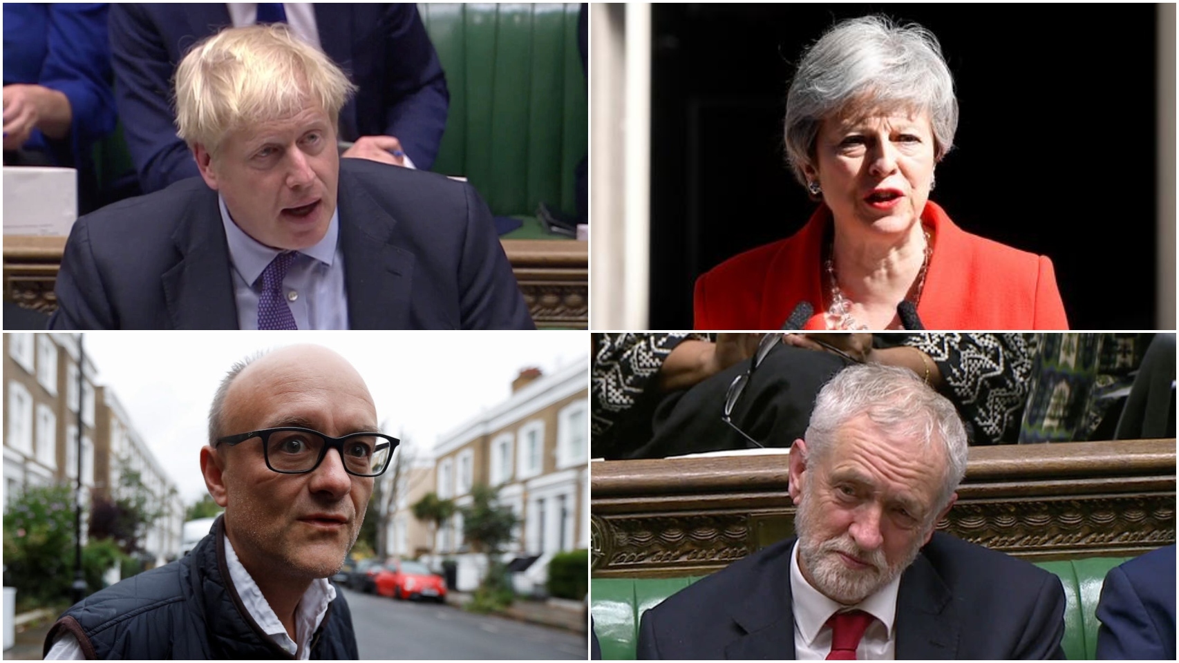 Boris Johnson, Theresa May, Dominic Cummings y Jeremy Corbyn