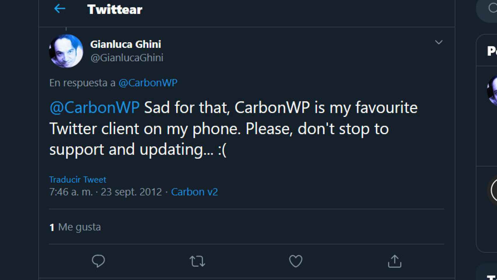 Tuit publicado con Carbon para Windows Phone