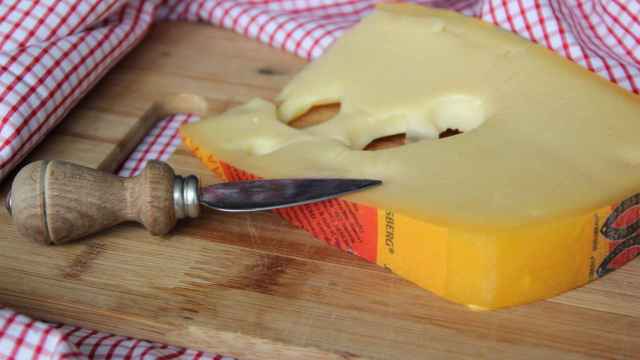 Un queso con agujeros como el queso emmental suizo.