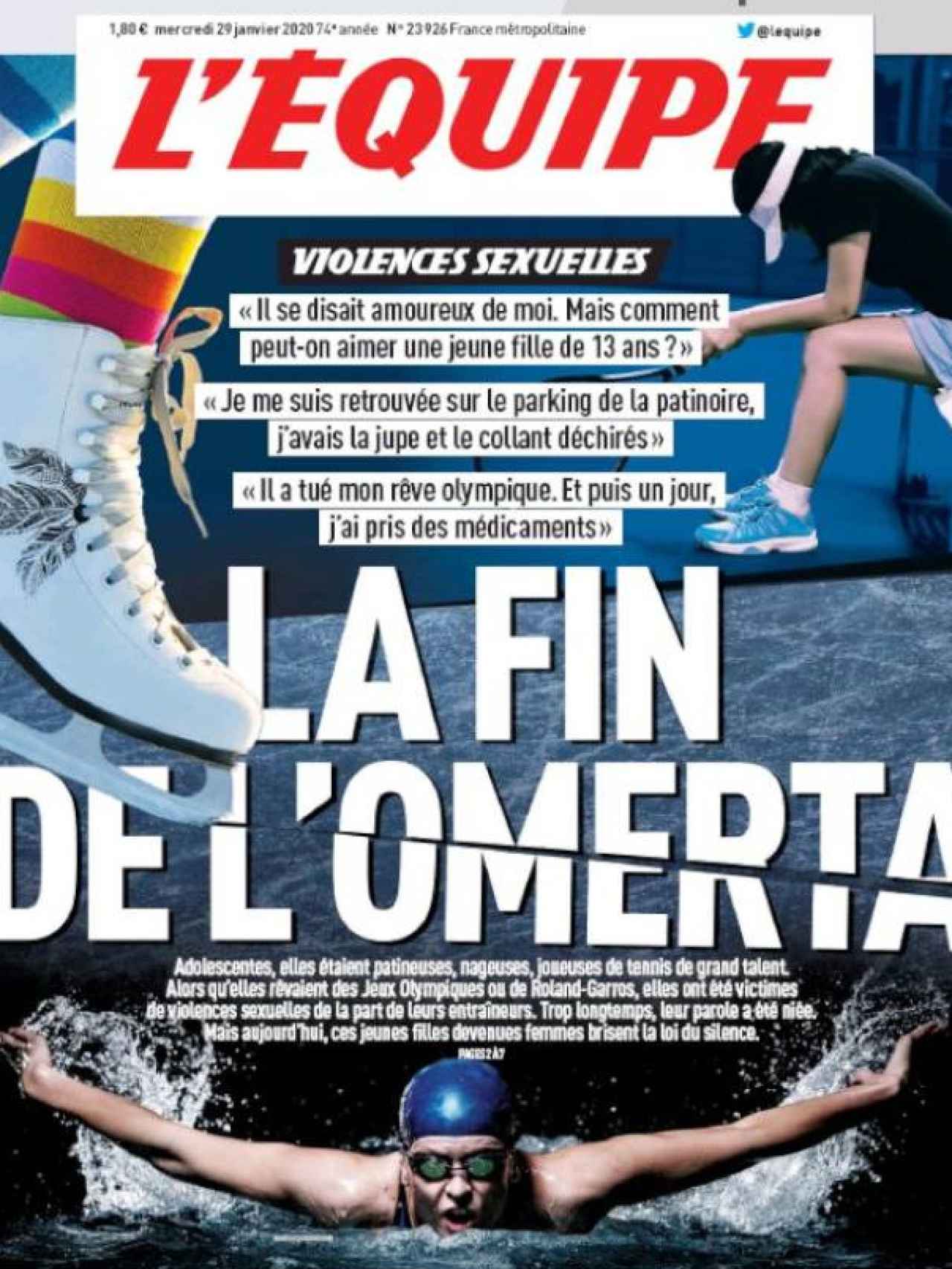La portada de L'Equipe de este miércoles 29 de enero de 2020