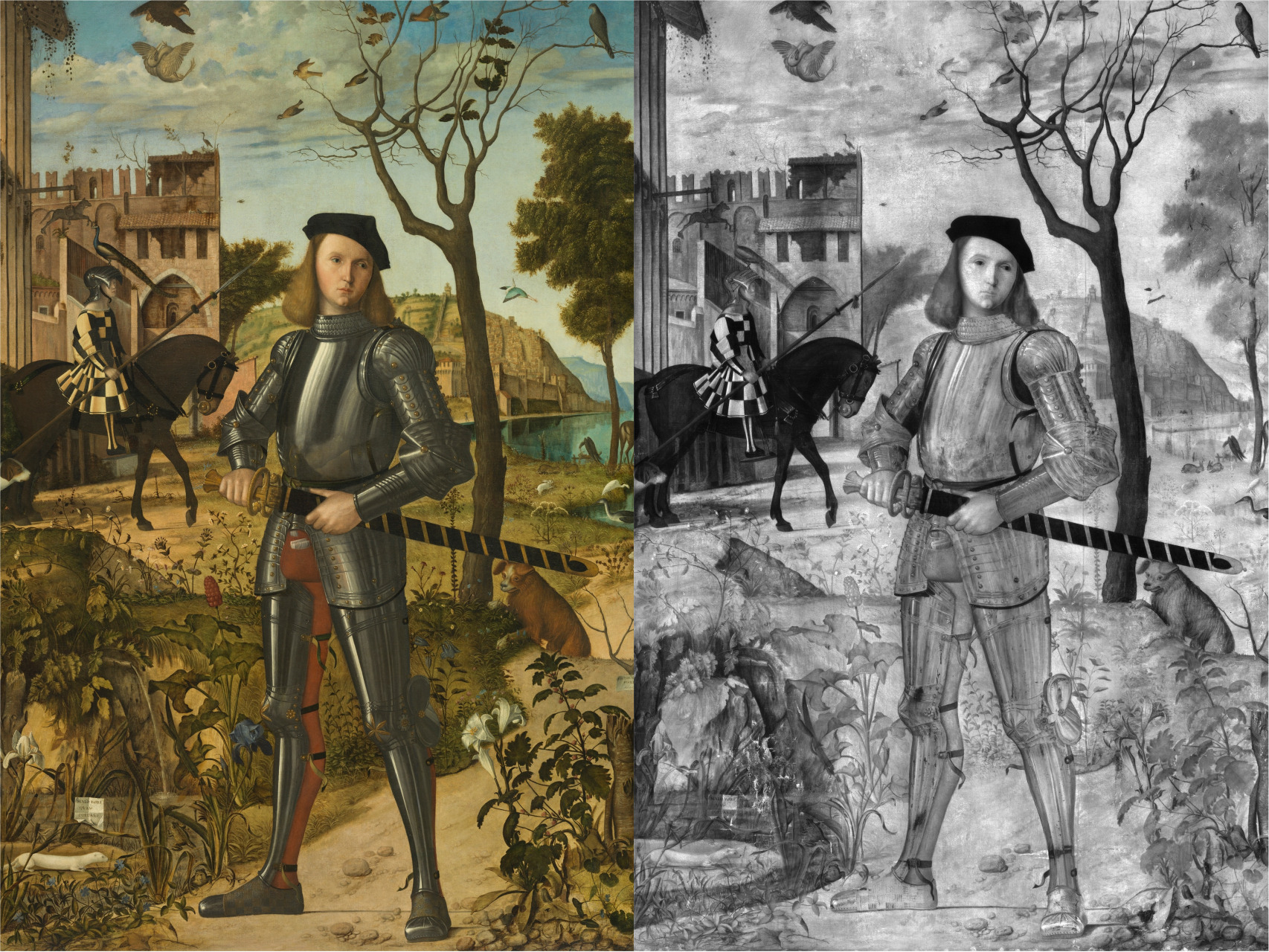 El original de 'Joven caballero en un paisaje' y una fotografía del cuadro con luz inflarroja.
