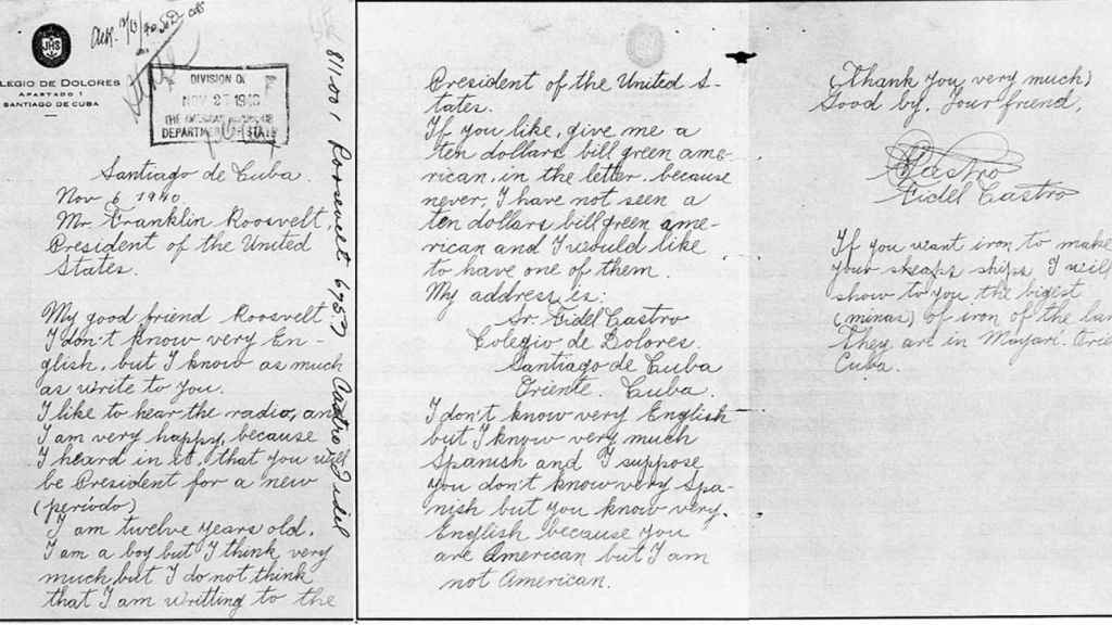 Carta escrita en inglés por Fidel Castro en 1940 al presidente estadounidense Franklin D. Roosevelt a la edad de 14 años.