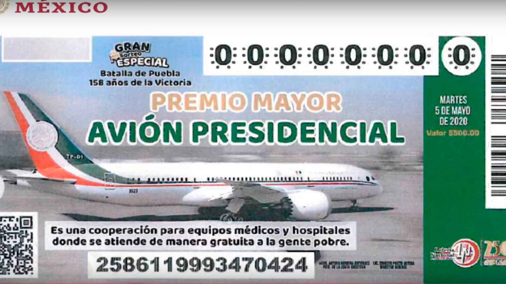 Billete para el sorteo del avión destinado al presidente de México.