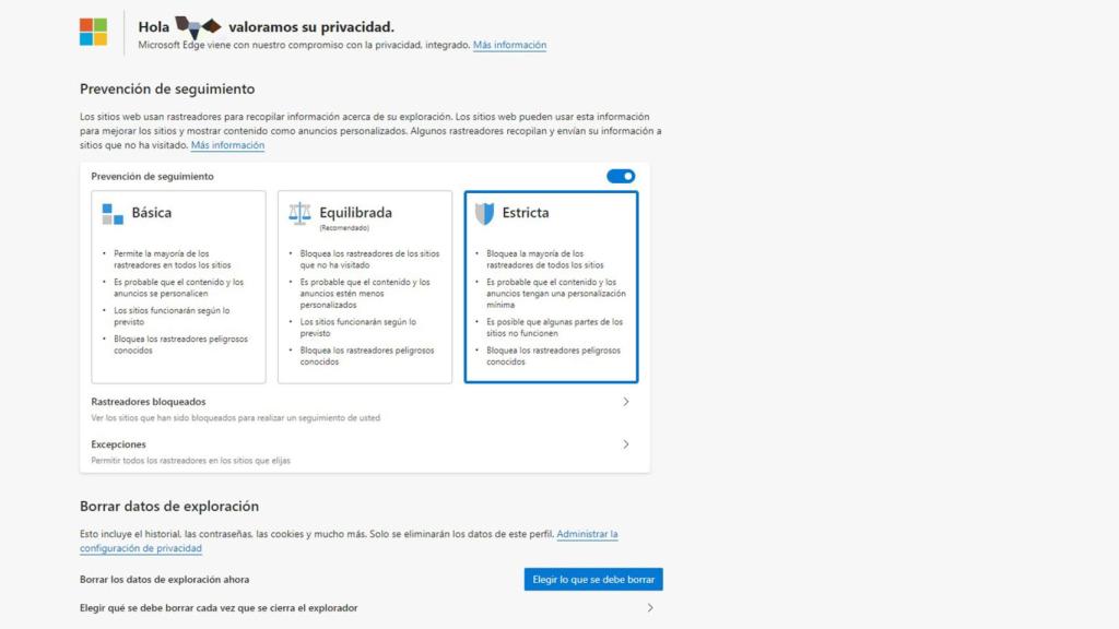 Opciones de Microsoft Edge.