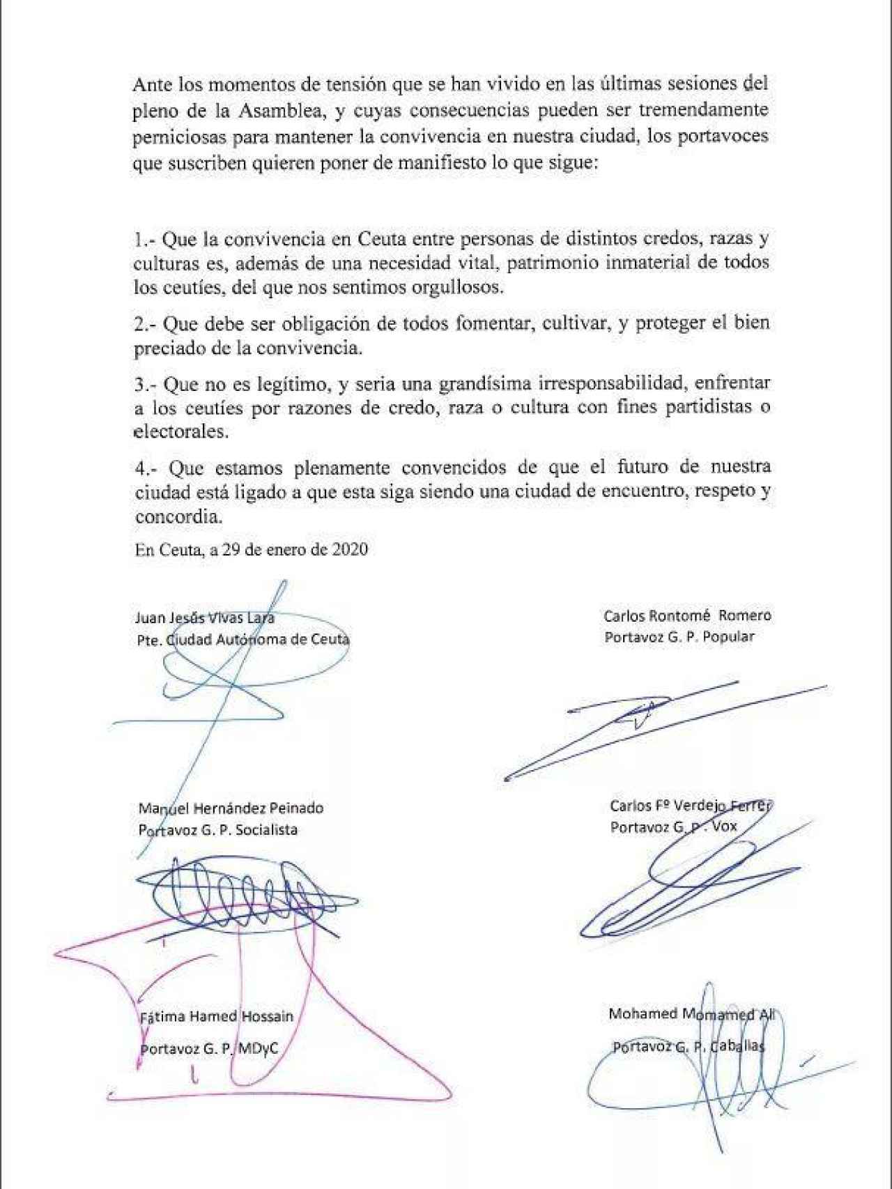 Escrito institucional por la convivencia firmado por las cinco formaciones políticas y el presidente de la Ciudad. .