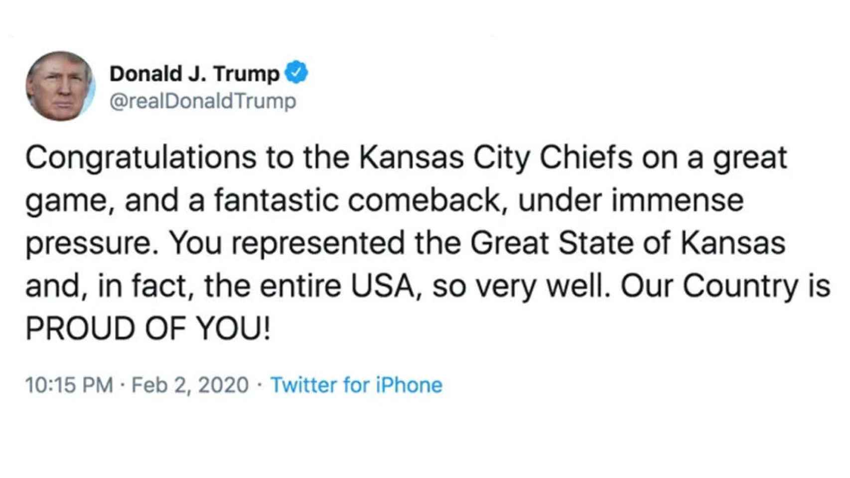 Tuit de Donald Trump felicitando al estado de Kansas