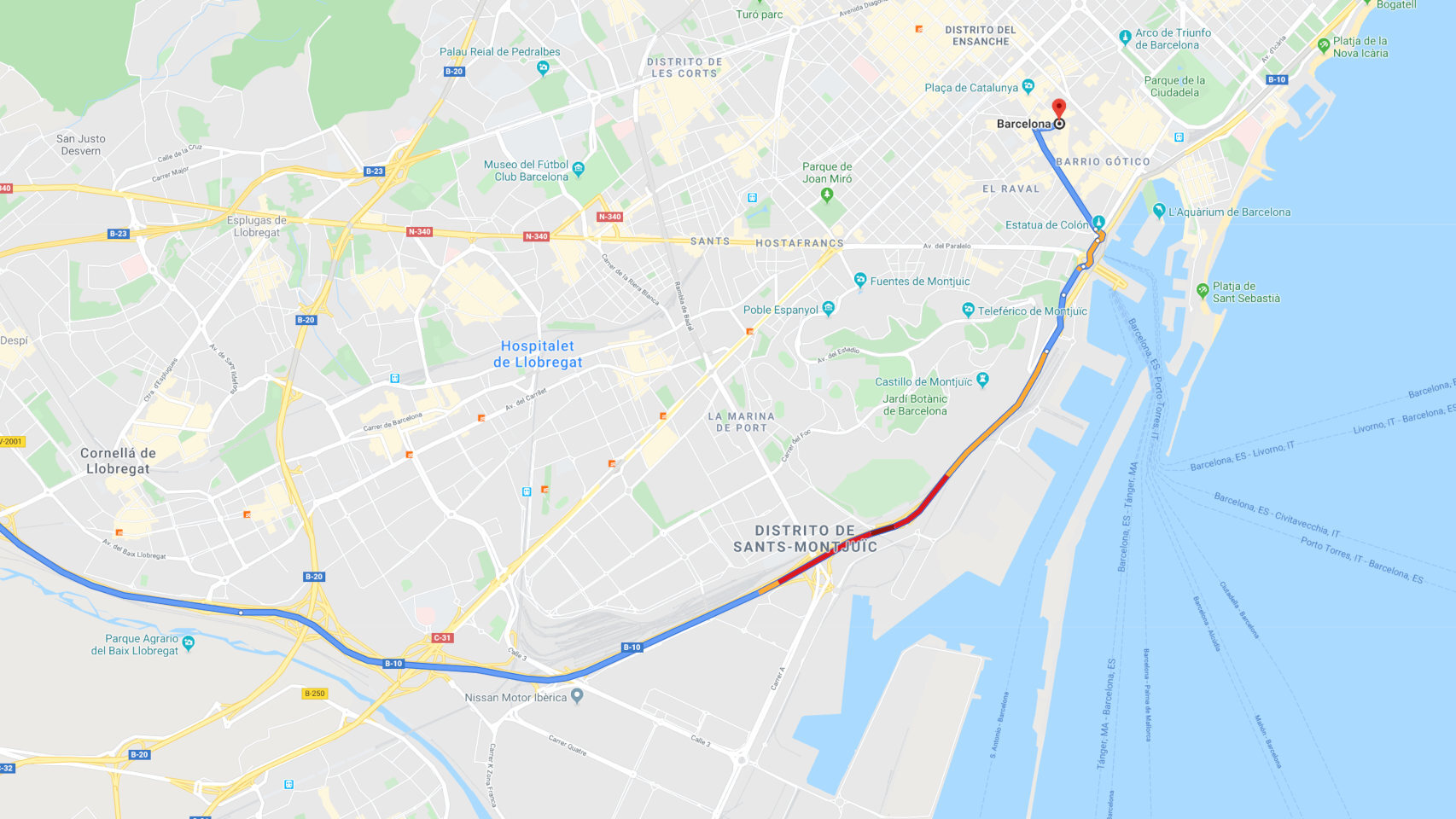 Google Maps mostrando el tráfico en directo en Barcelona