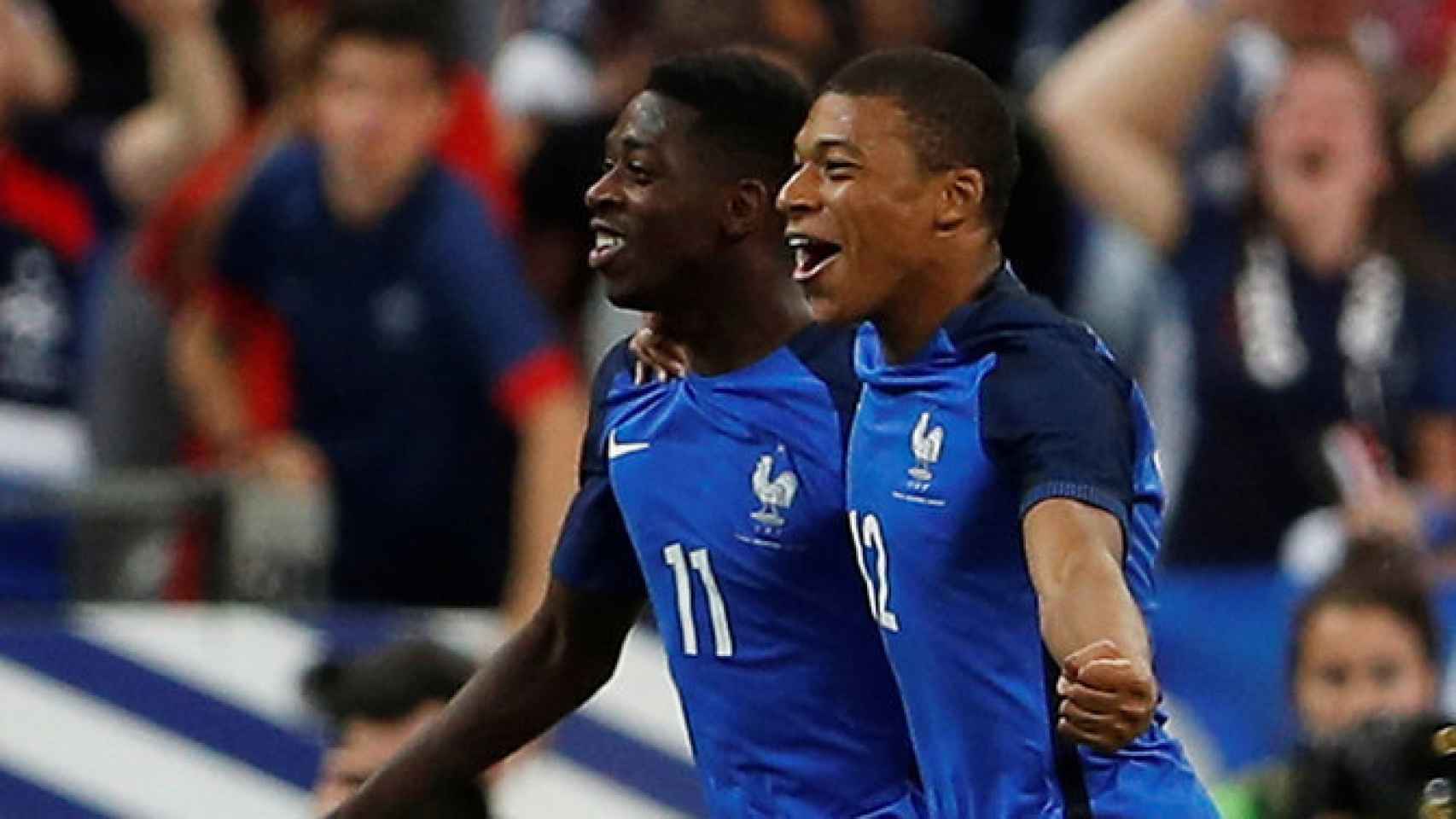 Dembélé y Mbappé, en un partido de la selección de Francia