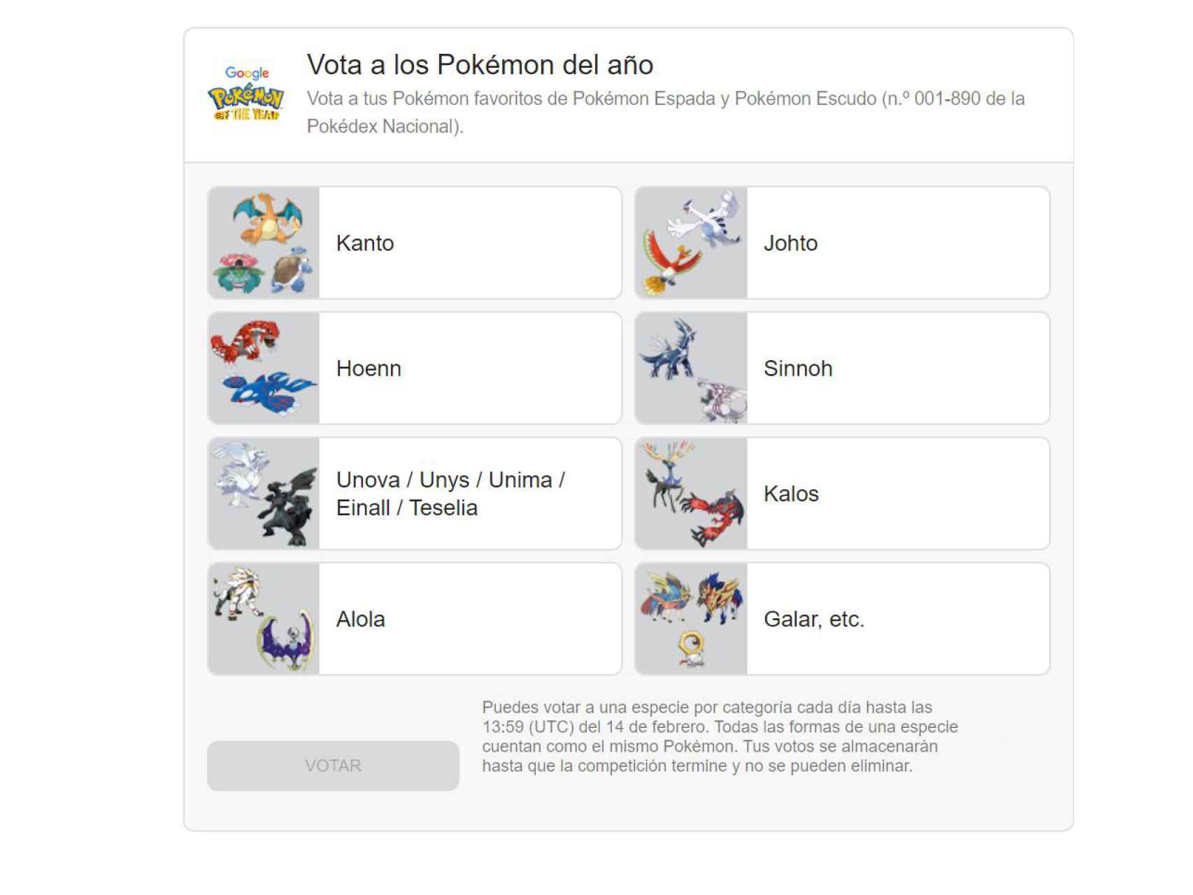 Votaciones al Pokémon del año en Google.