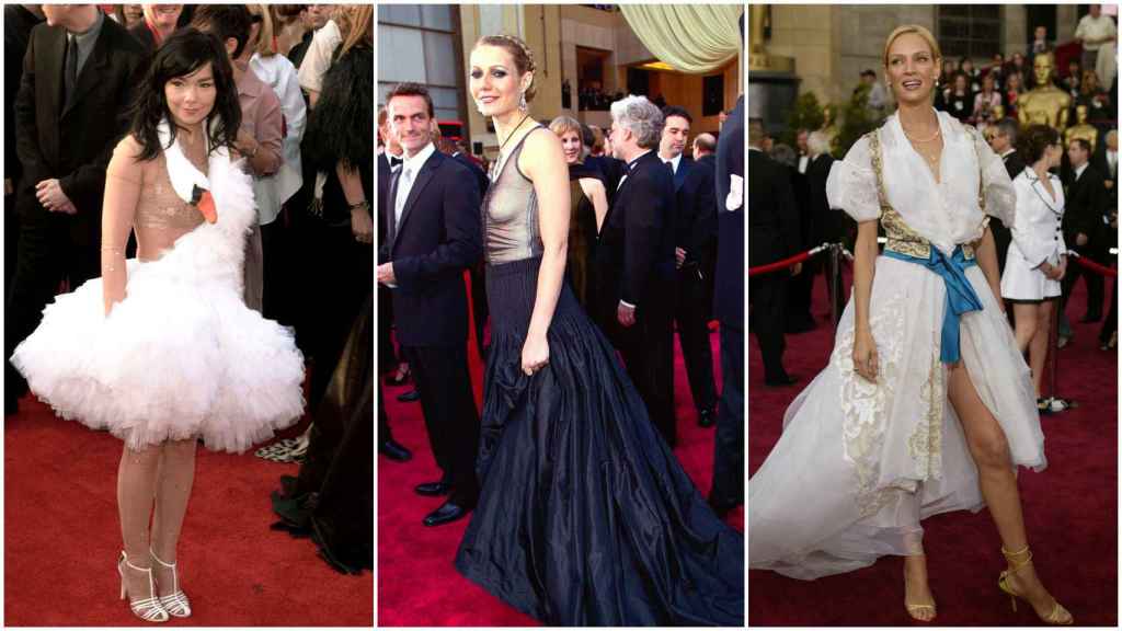 Bjork, Gwyneth Paltrow y Uma Thurman luciendo algunos de los peores vestidos de la historia de los Oscar.