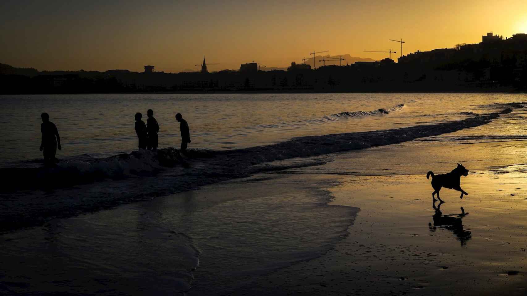 Varios hombres se bañan en la playa de Ondarreta de San Sebastián al amanecer.  EFE/ Javier Etxezarreta