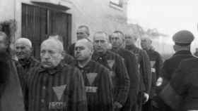 Prisioneros con triángulos rosas en sus uniformes marchan al aire libre bajo la vigilancia de los guardias de la SS en Sachsenhausen