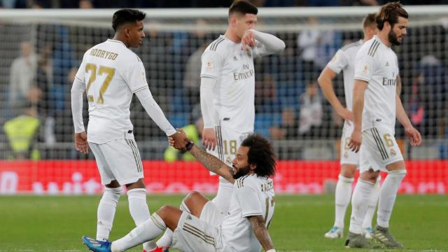 Marcelo, Rodrygo Goes, Luka Jovic y Nacho Fernández, tras la eliminación de la Copa del Rey en el Real Madrid - Real Sociedad