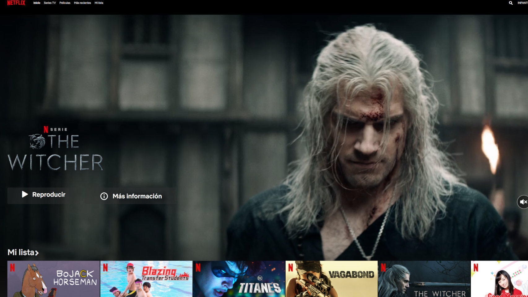 Un vídeo de The Witcher se reproduce en la página principal de Netflix