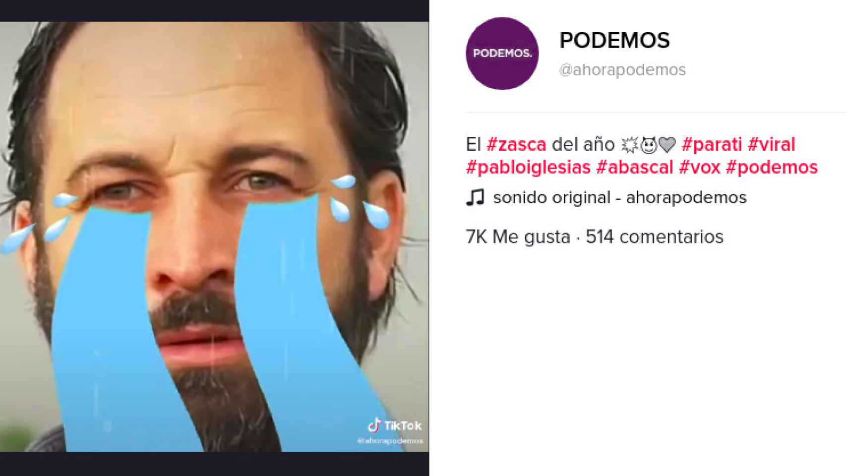 Captura del vídeo de Podemos en TikTok donde se meten con Santiago Abascal
