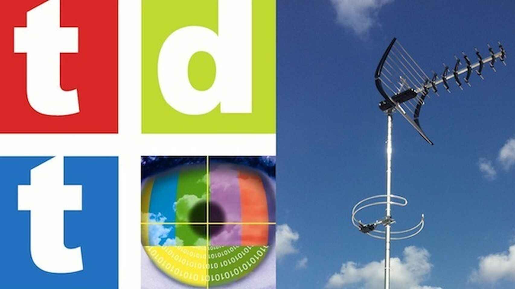 El símbolo de la TDT y una de las antenas receptoras de la emisiones.