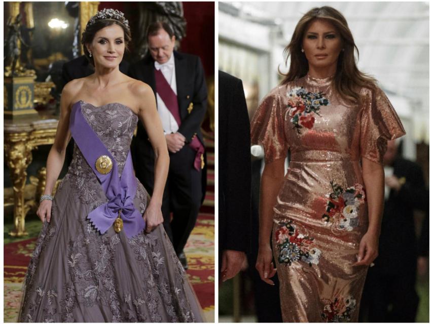 Letizia y Melania, vestidas de gala en dos momentos diferentes de su agenda.