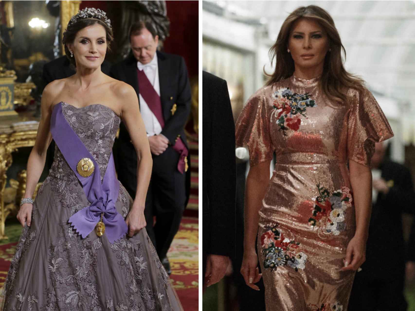 Letizia y Melania, vestidas de gala en dos momentos diferentes de su agenda.