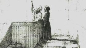 El sarcófago de Micerinos, según un dibujo realizado por Howard Vyse.