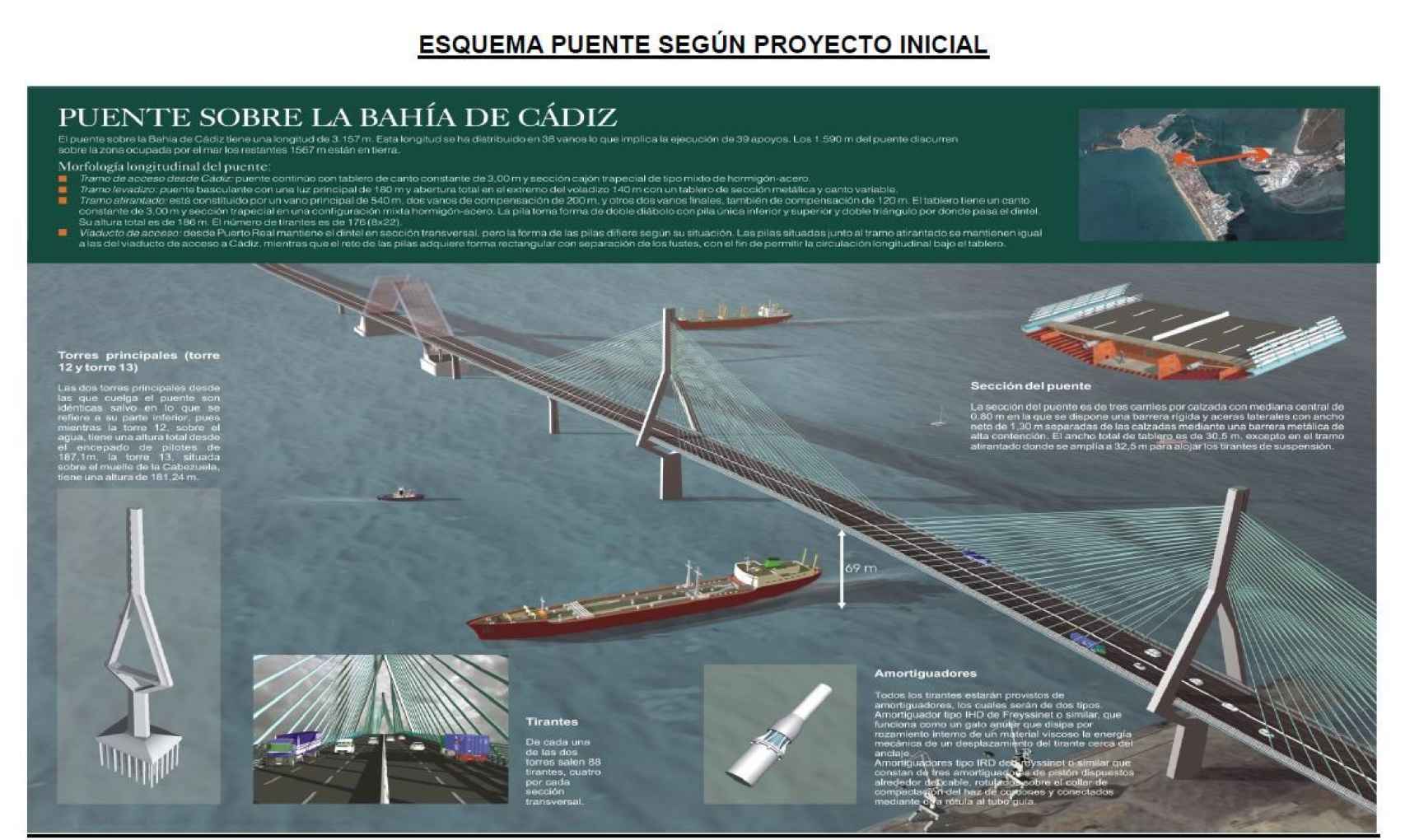 Proyecto inicial del puente sobre la bahía de Cádiz./