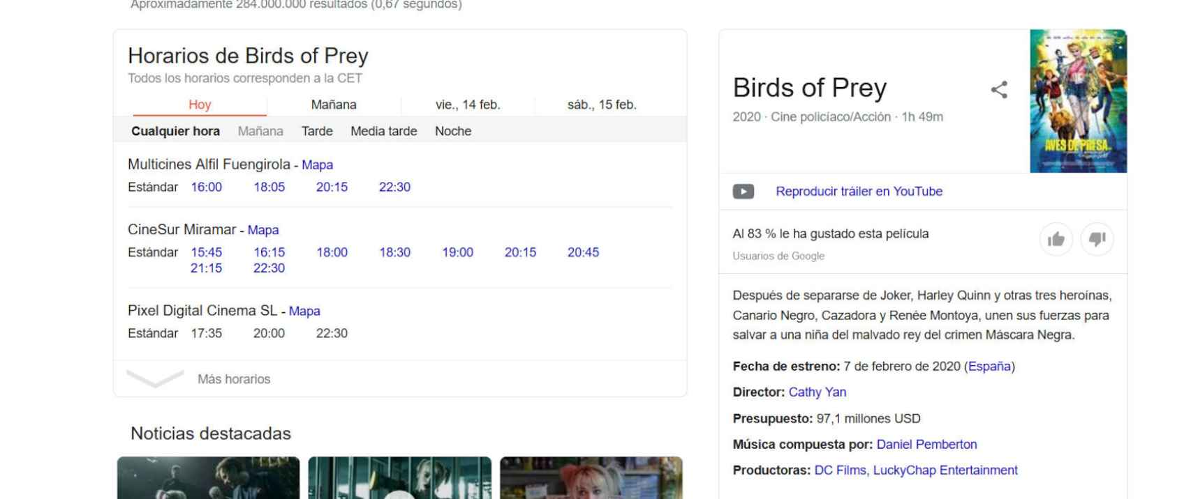 Resultados de Google sobre Birds of Prey