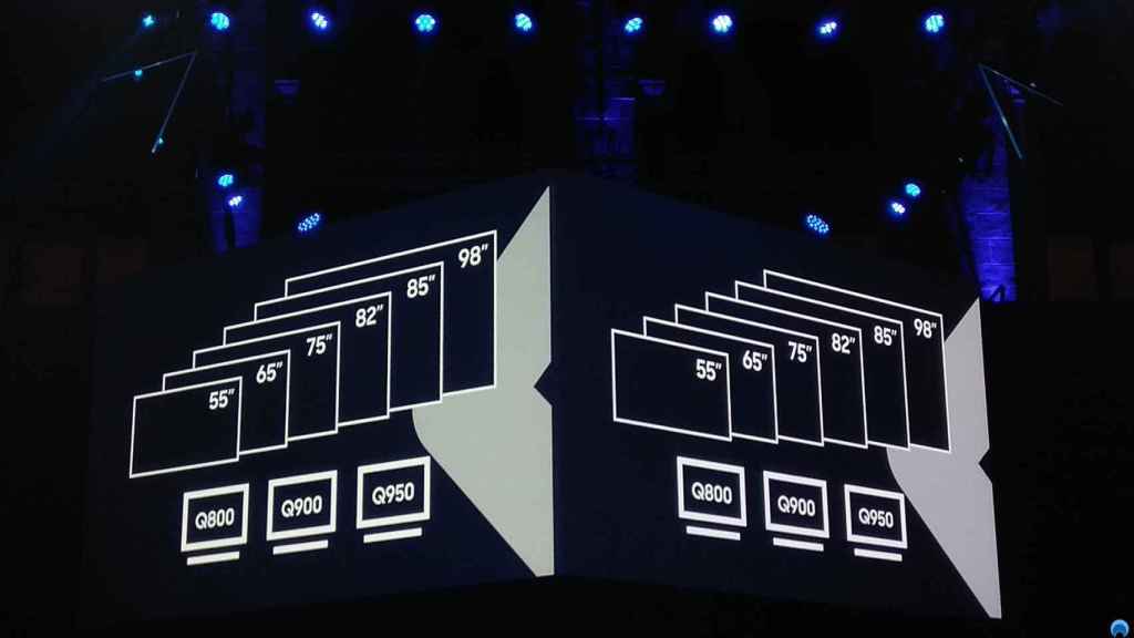 Los distintos tamaños de televisores QLED que Samsung comercializará, llegando hasta las 98 pulgadas.