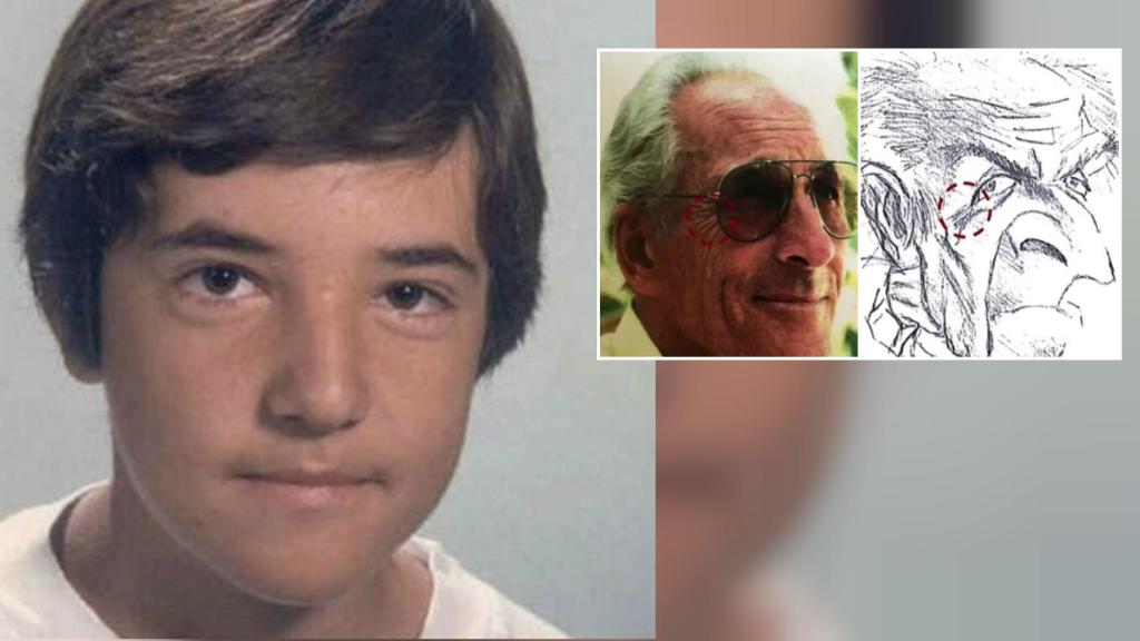 David Guerrero, junto a la caricatura que dibujó. Todo hace pensar que fue un retrato a un hombre helvético.