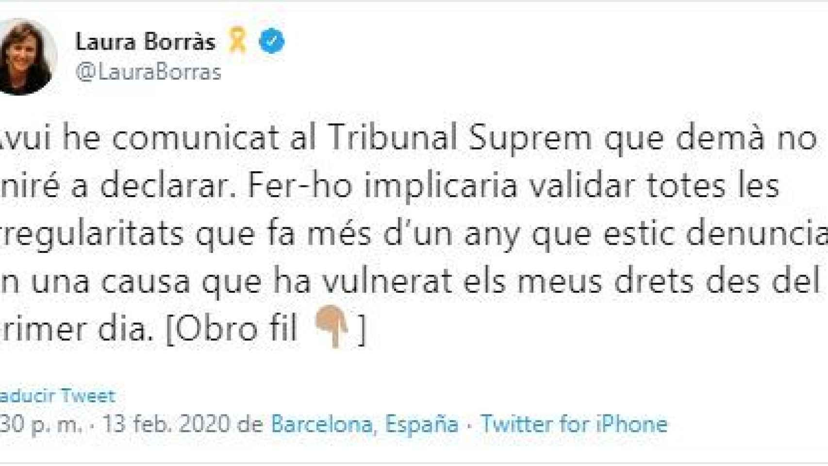 Tuit de Borràs sobre su citación en el Tribunal Supremo./