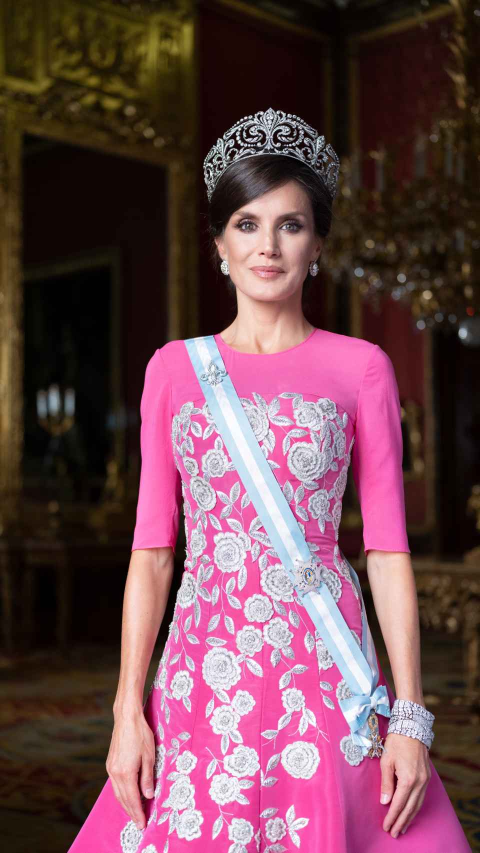 Retrato oficial de la reina Letizia con vestido de Carolina Herrera New York.