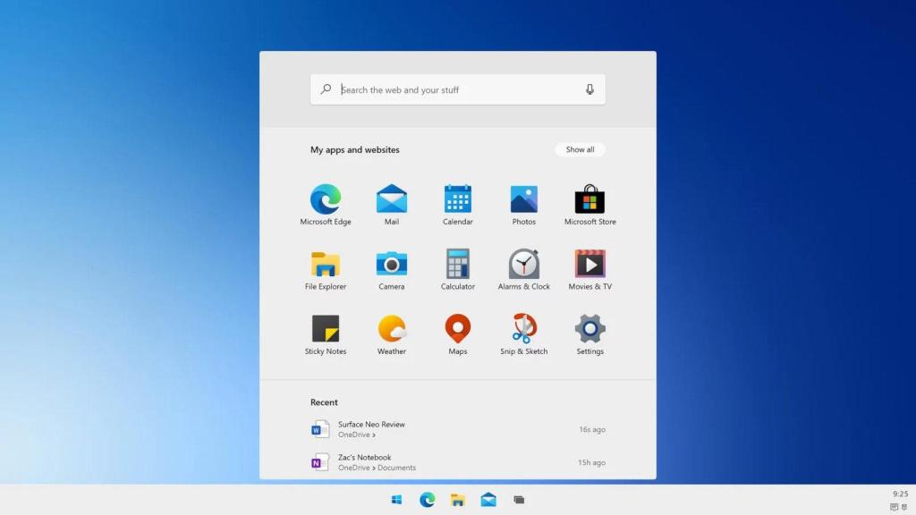 Nuevo menú de inicio de Windows 10X