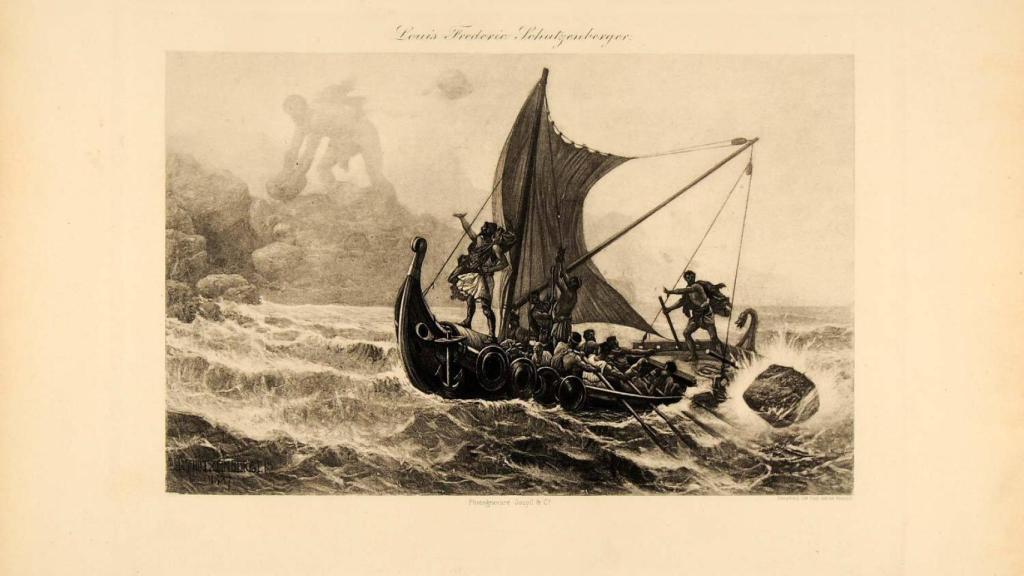 El cíclope Polifemo lanza una piedra contra el barco de Aquiles. Grabado de Louis-Frédéric Schtzenberger¨.