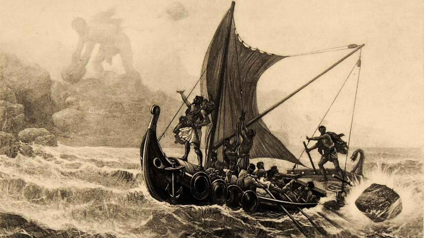 El cíclope Polifemo lanza una piedra contra el barco de Aquiles. Grabado de Louis-Frédéric Schtzenberger¨.