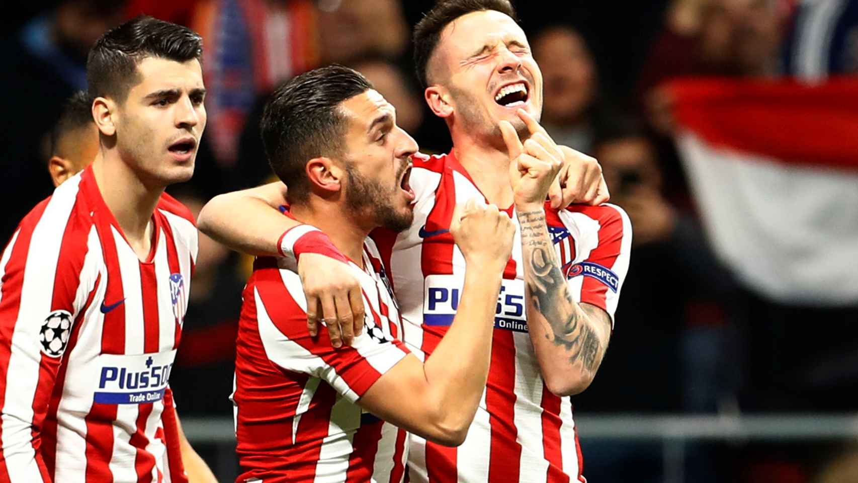 Morata, Koke y Saúl, durante el gol en el Atlético - Liverpool